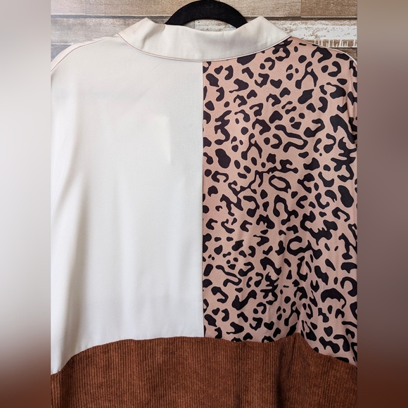 New Colorblock Corduroy Brown With White & Leopard Print Drop Shoulder Shacket - Picture 14 of 15